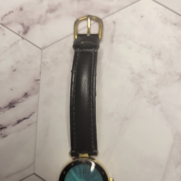 I.D. Titanium Vintage gold tone turquoise face black leather band watch - Picture 4 of 12